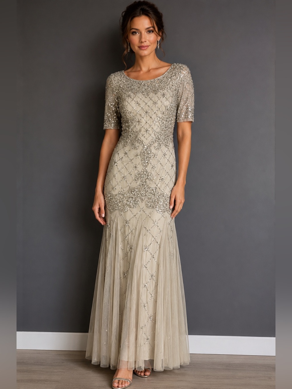 Adrianna Papell Silver Sequin Beaded Embellished Maxi Gown Dress Size 6 Art Deco
